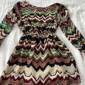 Takara Chevron Patterned Dress with Black, Green, and Cream